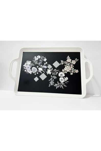 Renkli Çiçekler Çay Tepsi 39.5x25.5 CM Desenli Plastik Çay Kahve Tepsisi Sunum Tepsi - 2