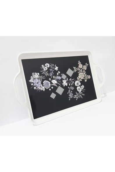 Renkli Çiçekler Çay Tepsi 39.5x25.5 CM Desenli Plastik Çay Kahve Tepsisi Sunum Tepsi