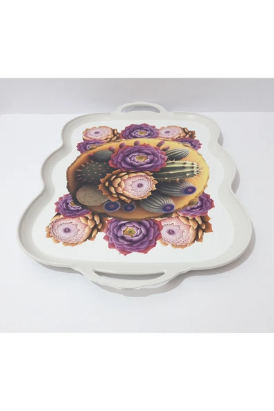 Renkli Çiçekler Çay Tepsi Oval Kenarlı Dikdörtgen Desenli Plastik Çay Tepsisi 38x29 CM - 4