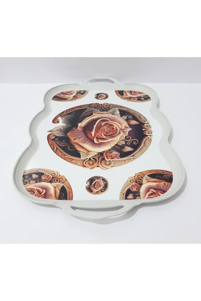 Renkli Çiçekler Çay Tepsi Oval Kenarlı Dikdörtgen Desenli Plastik Çay Tepsisi 38x29 CM - 4