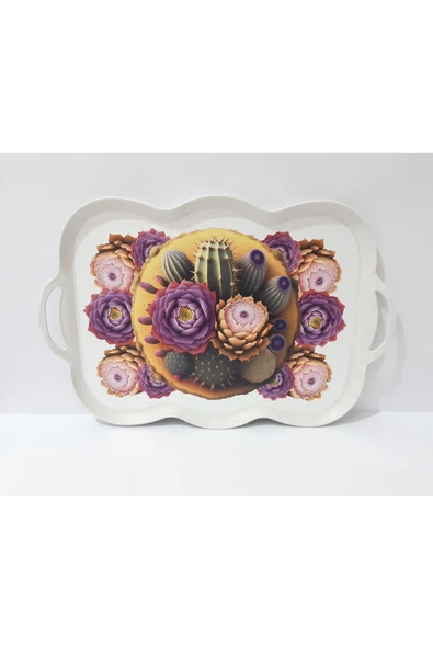Renkli Çiçekler Çay Tepsi Oval Kenarlı Dikdörtgen Desenli Plastik Çay Tepsisi 38x29 CM - 2
