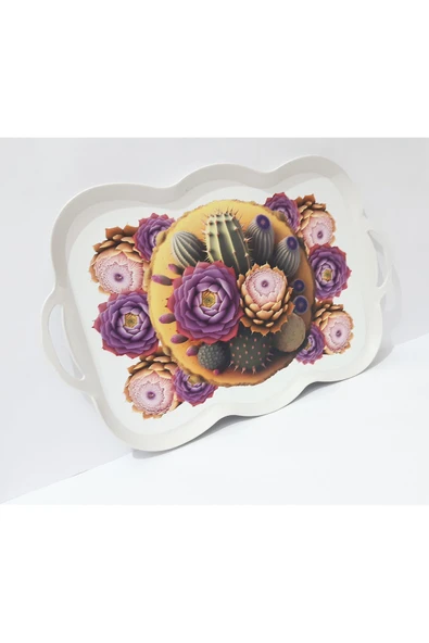 Renkli Çiçekler Çay Tepsi Oval Kenarlı Dikdörtgen Desenli Plastik Çay Tepsisi 38x29 CM - 6
