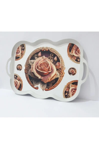 Renkli Çiçekler Çay Tepsi Oval Kenarlı Dikdörtgen Desenli Plastik Çay Tepsisi 38x29 CM
