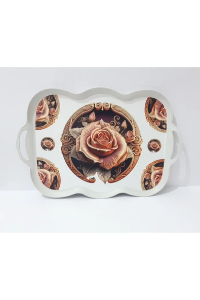 Renkli Çiçekler Çay Tepsi Oval Kenarlı Dikdörtgen Desenli Plastik Çay Tepsisi 38x29 CM - 2
