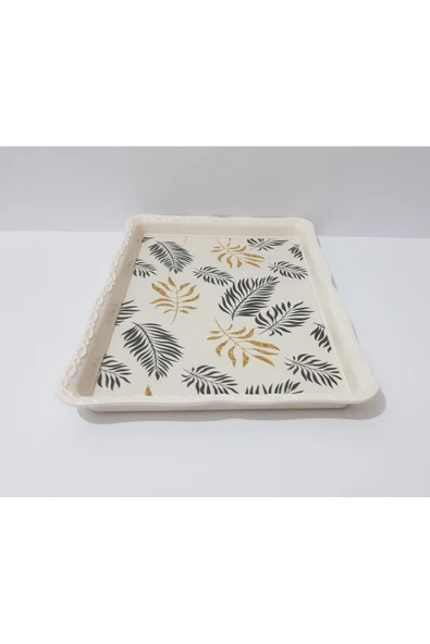 Renkli Çiçekler Çay Tepsi Yaprak Desenli Dikdörtgen Melamin Çay Tepsisi 33x24.5 cm - 5