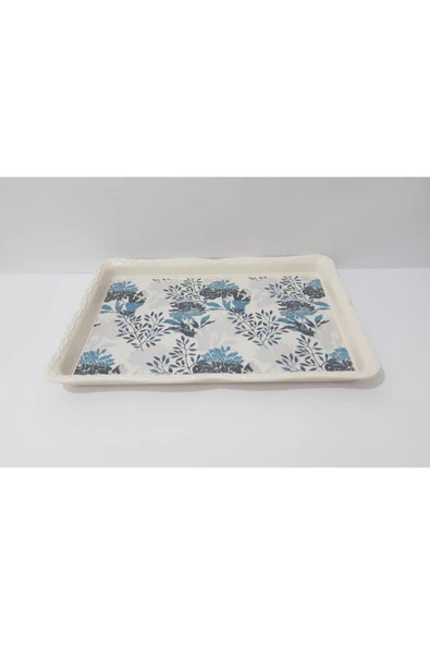 Renkli Çiçekler Çay Tepsi Mavi Desenli Melamin Çay Tepsisi 33x24.5 cm - 4