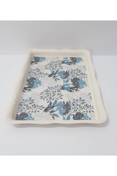 Renkli Çiçekler Çay Tepsi Mavi Desenli Melamin Çay Tepsisi 33x24.5 cm - 5