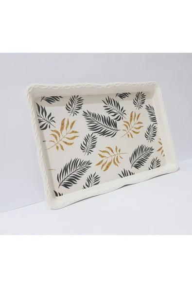 Renkli Çiçekler Çay Tepsi Yaprak Desenli Dikdörtgen Melamin Çay Tepsisi 33x24.5 cm - 7