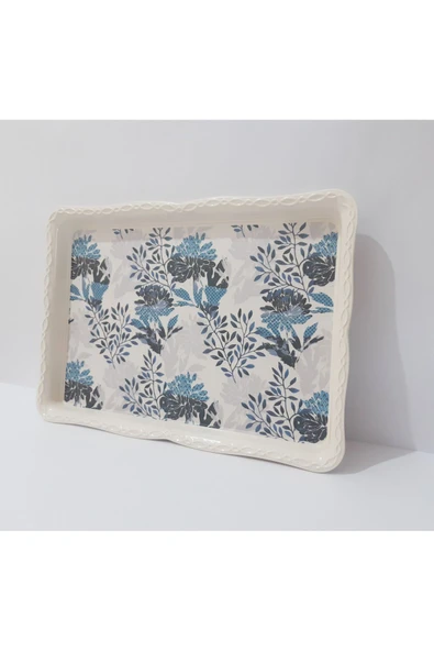 Renkli Çiçekler Çay Tepsi Mavi Desenli Melamin Çay Tepsisi 33x24.5 cm - 3