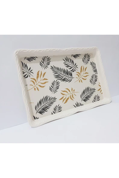 Renkli Çiçekler Çay Tepsi Yaprak Desenli Dikdörtgen Melamin Çay Tepsisi 33x24.5 cm