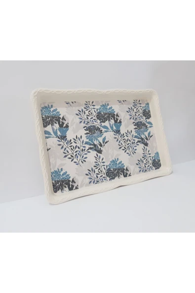 Renkli Çiçekler Çay Tepsi Mavi Desenli Melamin Çay Tepsisi 33x24.5 cm
