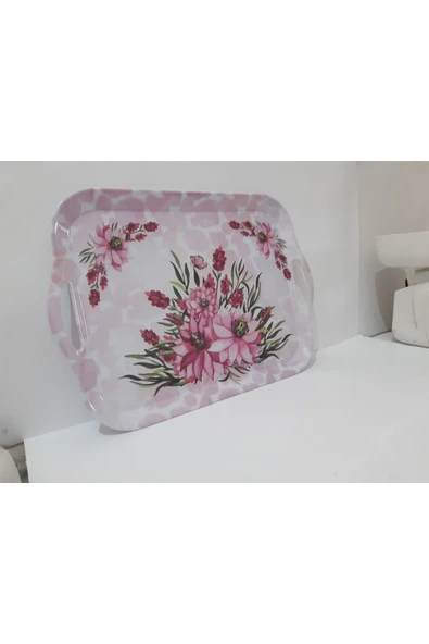 Renkli Çiçekler Melamin Çay Tepsi 44x30 CM Kulplu Melamin Çay Tepsisi Servis Tepsi Sunum Tepsisi