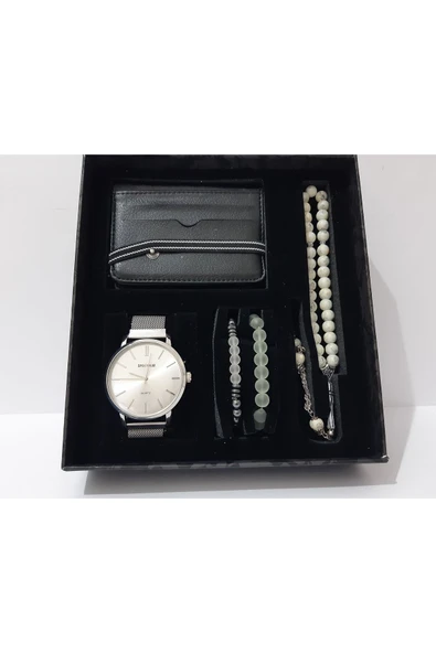 Renkli Çiçekler Erkek Saat Erkek Kol Saati Kartlık Bileklik Tesbih Set