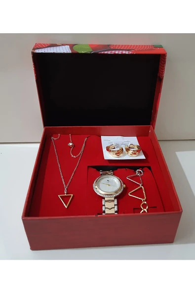 Renkli Çiçekler Kadın Saat Kadın Kol Saati Kolye Küpe Takı Set - 4