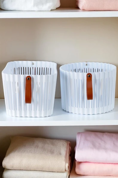 Flex 3lü Banyo Seti Deri Desenli Kulplu Lüx Banyo Mutfak Organizeri Çamaşır Sepeti Düzenleyici Beyaz - 2