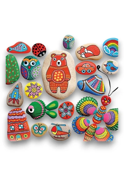 Open Toys Taş Boyama Seti- Doğal Taşlar-Akrilik Boya-Fırça-Ahşap Hepsi Bir Arada Muhteşem Set - 3