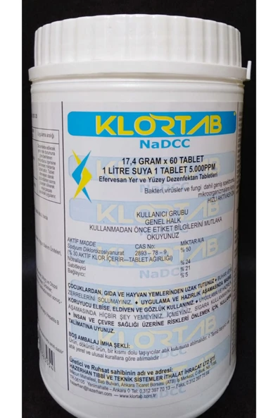 Klortab Nadcc 17.40 Gr X 60 Tablet - Yüksek Etkili Klor Bazlı Yer Ve Yüzey Dezenfektan Tableti