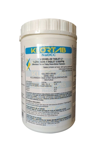 Klortab Nadcc 17.40Gr X 60 Tablet - Yüksek Etkili Klor Bazlı Yer Ve Yüzey Dezenfektan Tableti