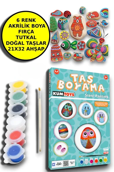 Open Toys Taş Boyama Seti- Doğal Taşlar-Akrilik Boya-Fırça-Ahşap Hepsi Bir Arada Muhteşem Set
