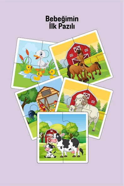 metafortoys 5 Adet Ahşap 4 Parça Yapboz Bebeğimin İlk Pazıl Seti (İnek-At-Koyun-Ördek-Tavuk)