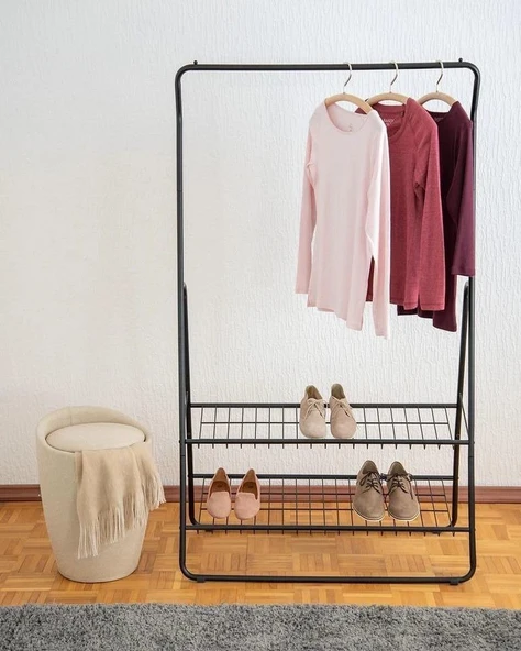 Saban Metal Elbise Askılığı – 2 Katlı Ayakkabılık Raflı Portatif Kıyafet Askı Standı | 92 x 159 x 48 cm - 2