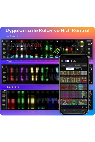 Ld Teknoloji Araç Led Matrix Cama Yapışkanlı Telefonla Kontrol Edilebilen Kişiselleştirilebilir Uzaktan Kumandalı Genişlik 12 cm Uzunluk 60 cm - 5