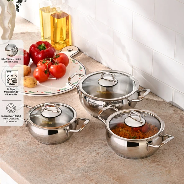 Emsan Cemre İndüksiyon Tabanlı 6 Parça Midi Paslanmaz Çelik Tencere Seti ürün görseli