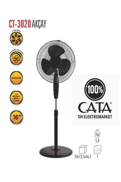 Cata Ayaklı Vantilatör Geniş Alan Soğutma, Ayarlanabilir Yükseklik 3 Kademeli Fan Ayarı Ct-3020 - 2