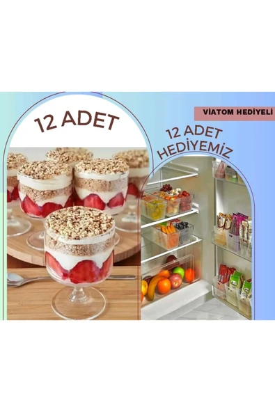 ViATOM Magnolya Bardağı Puding ve Dondurma Kasesi  CAM DEĞİL 12 AD+12'li Buzdolabı Düzenleyici HEDİYELİDİR