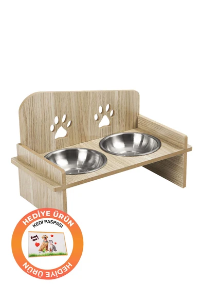 Ahşap Kedi Köpek Mama Su Kabı Standı, Metal Suluk, Kedi Köpek Halısı