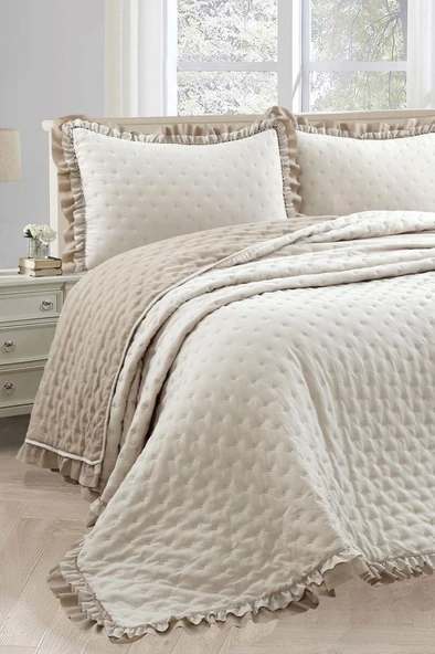 Lamina Fırfırlı Elyaf Dolgulu Çift Kişilik 240x260 Cm Yatak Örtüsü Bej ürün görseli