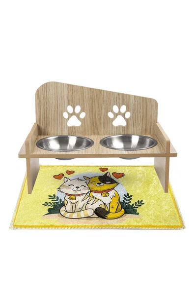 Ahşap Kedi Köpek Mama Su Kabı Standı, Metal Suluk, Kedi Köpek Halısı - 2