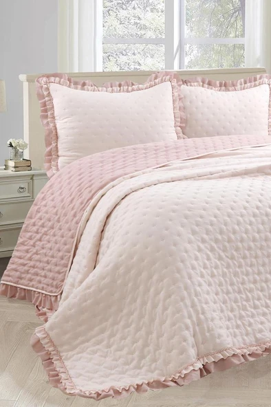 Lamina Fırfırlı Elyaf Dolgulu Çift Kişilik 240x260 Cm Yatak Örtüsü Pudra ürün görseli