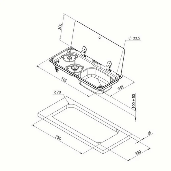 Can 1770 Cam Kapaklı 2 Gözlü Karavan Ocak Evye Kombinasyonu - Resim 2