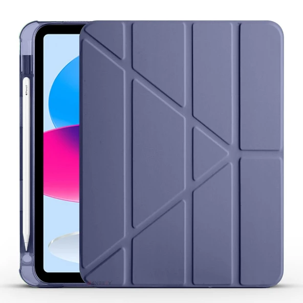 İpad 10.Nesil 10.9 inç 2022 Uyumlu Üçgen Katlanabilir Kalemlikli Yatay Dikey Standlı Akıllı Kılıf  Lavanta - Resim 2