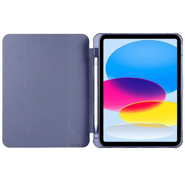 İpad 10.Nesil 10.9 inç 2022 Uyumlu Üçgen Katlanabilir Kalemlikli Yatay Dikey Standlı Akıllı Kılıf  Lavanta - Resim 3