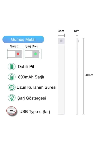Plentiful Hareket Sensörlü Şarjlı Kablosuz USB Şarjlı LED Gece Lambası 3 Renk Kısılabilir Mutfak Dolap Tezgah Aplik - 8