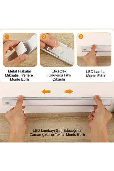 Plentiful Hareket Sensörlü Şarjlı Kablosuz USB Şarjlı LED Gece Lambası 3 Renk Kısılabilir Mutfak Dolap Tezgah Aplik - 5