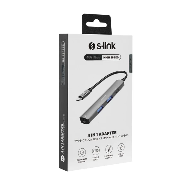 S-link SWV-USBC024 4 in 1 Gri Metal TypeC to 2*USB2.0 USB-C, 3.5mm Aux Port Type C Adaptör - 3