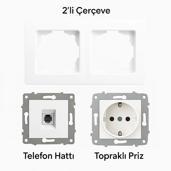 Karen Çiftli Priz Çerçevesi Uyumlu Topraklı Elektrik Prizi Telefon Hat Girişi Ofis ve Ev Kullanımı - 2