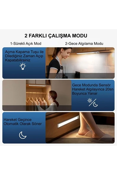 Plentiful Hareket Sensörlü Şarjlı Kablosuz USB Şarjlı LED Gece Lambası 3 Renk Kısılabilir Mutfak Dolap Tezgah Aplik - 6