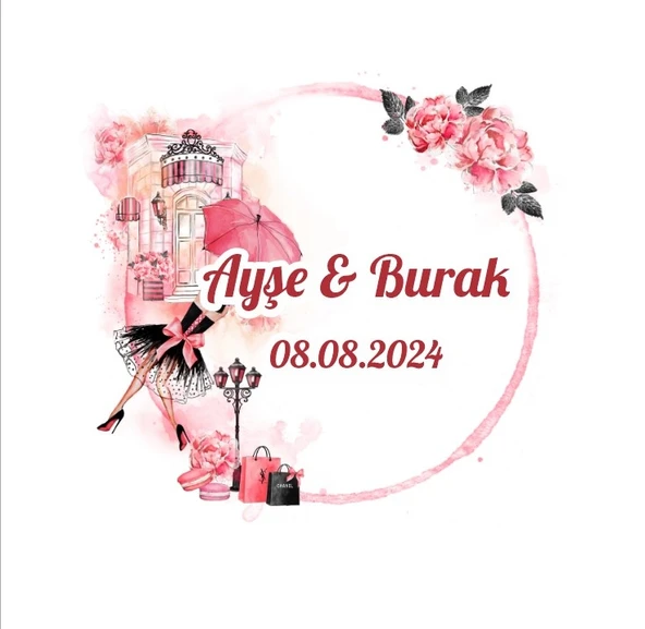 Romantik Gül Çelengi Etiketi Kına Nişan Düğün 3x3 cm özel etiket / 50 adet sticker