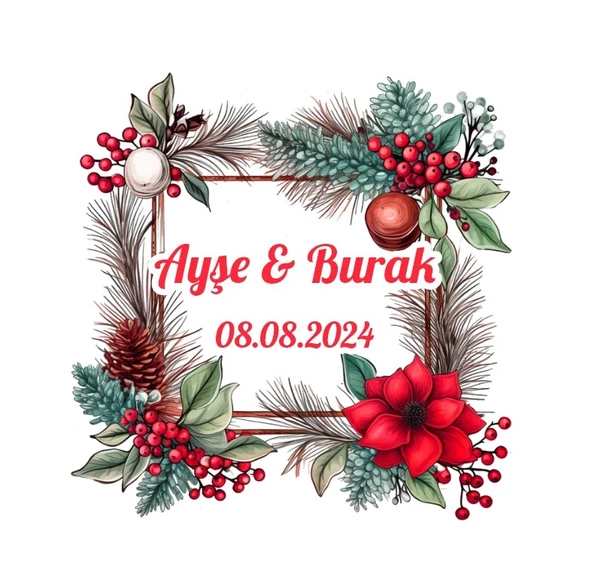 Gri Tonlu Kış Çelengi Etiketi Kına Nişan Düğün 3x3 cm özel etiket / 50 adet sticker