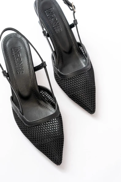K-607 Siyah Günlük Fileli Arkası Açık 7 cm Topuklu Bayan Ayakkabı - Resim 4