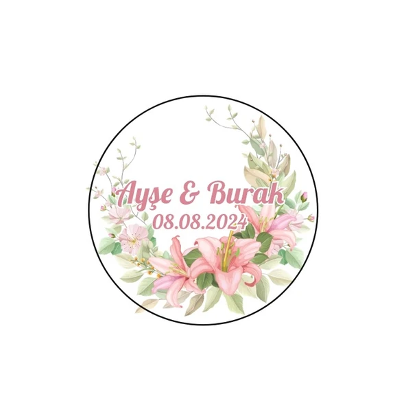 Pembe Gül ve Tomurcuk Çelenk Etiketi Kına Nişan Düğün 3x3 cm özel etiket / 50 adet sticker