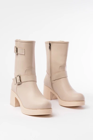 5109-3043 Bej Toka Aksesuarlı Fermuarlı Kalın Topuklu Günlük Kadın Bot - Resim 5