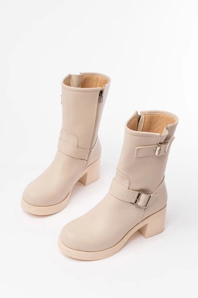 5109-3043 Bej Toka Aksesuarlı Fermuarlı Kalın Topuklu Günlük Kadın Bot - Resim 4