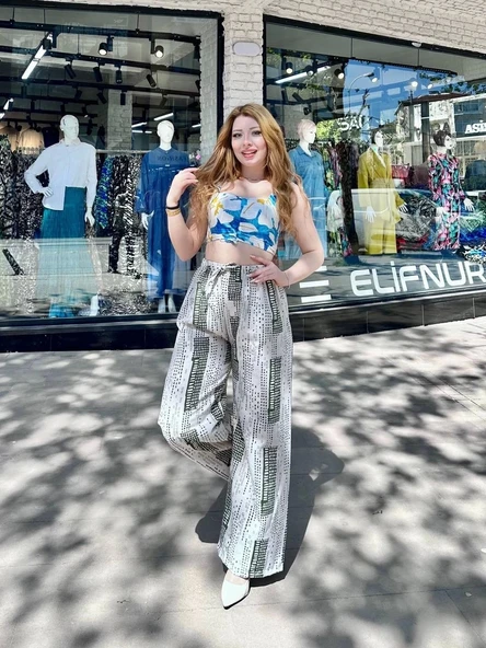 Baskılı Bağcıklı keten pantolon krem - Resim 2