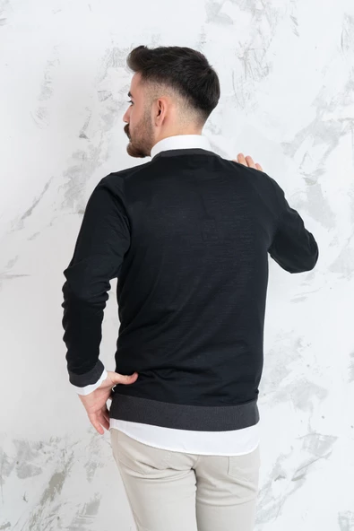 ECER SLİMFİT PARÇA DESENLİ İNCE TRİKO ERKEK KAZAK - 4