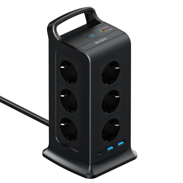 S-link PRZ02 VoltBar 12 Soketli 2*USB+TYPE-C PD Hızlı Şarjlı 2M 1050 Joule Tam Bakır Kablolu Kule Akım Koruma Grup Priz - 2